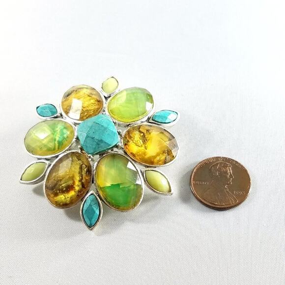 Vintage Liz Claiborne Faux Gemstone Brooch, Glass Cabs, 1990s, 2 1/4 Inches - Picture 6 of 10